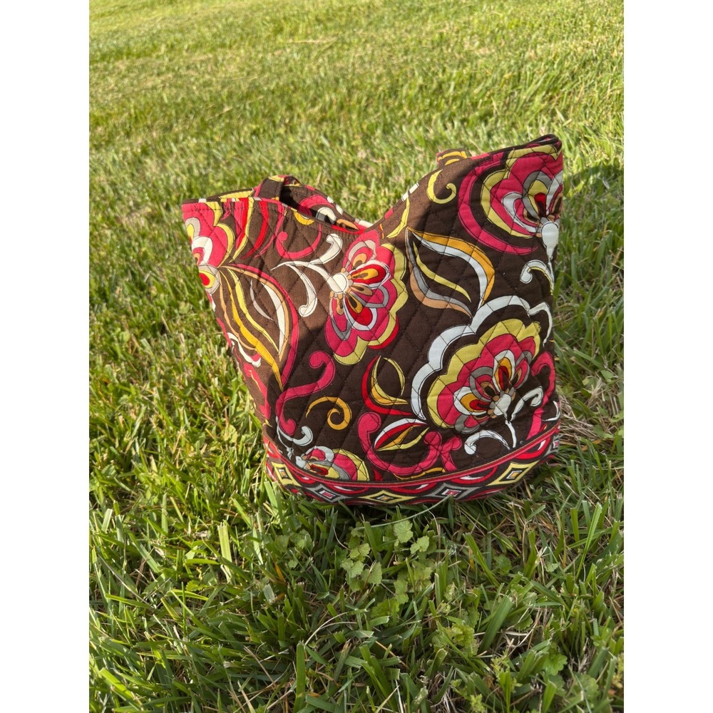 Vera Bradley Symphony in Hue Quilted Cotton Shoulder Bag Floral Tote Brown Red